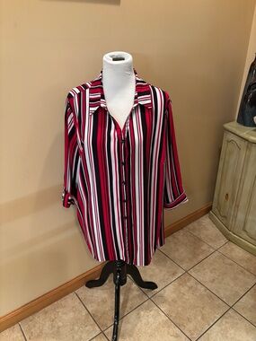 Catherines Red, Black & White Striped Button-Up Blouse Size 1X 18/20W